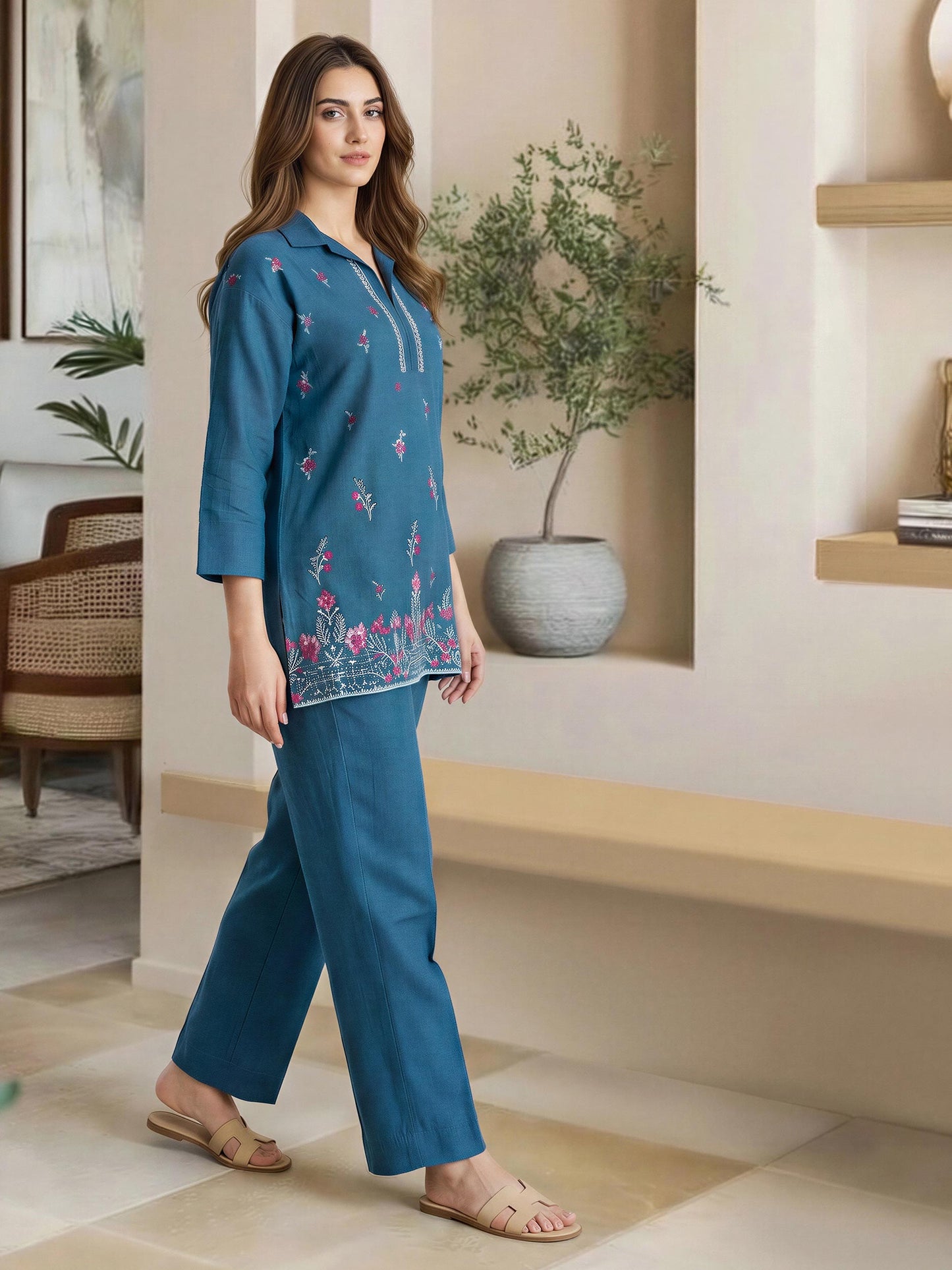 Yarn Dyed Co-ord Set- Embroidered