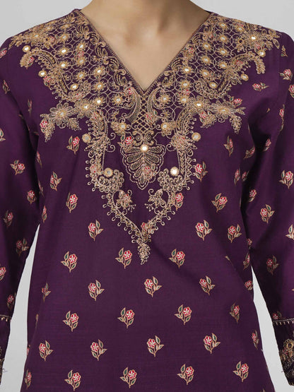 3 Piece Lawn Slub Suit- Embroidered (Pret)