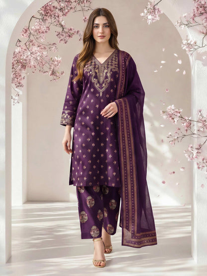 3 Piece Lawn Slub Suit- Embroidered (Pret)