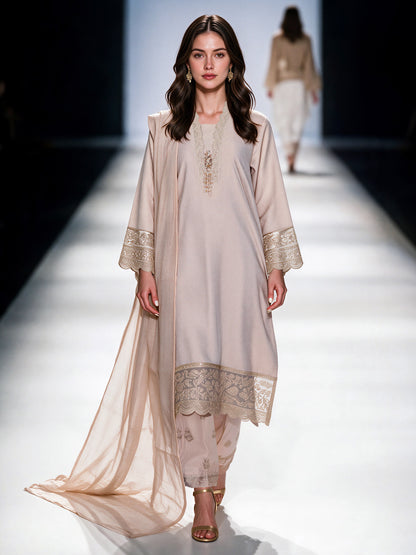3 Piece Massouri Jacquard Suit- Embroidered (Pret)