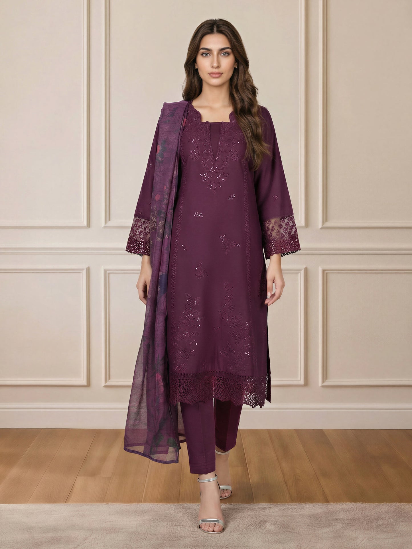 3 Piece Satin Suit- Embroidered (Pret)