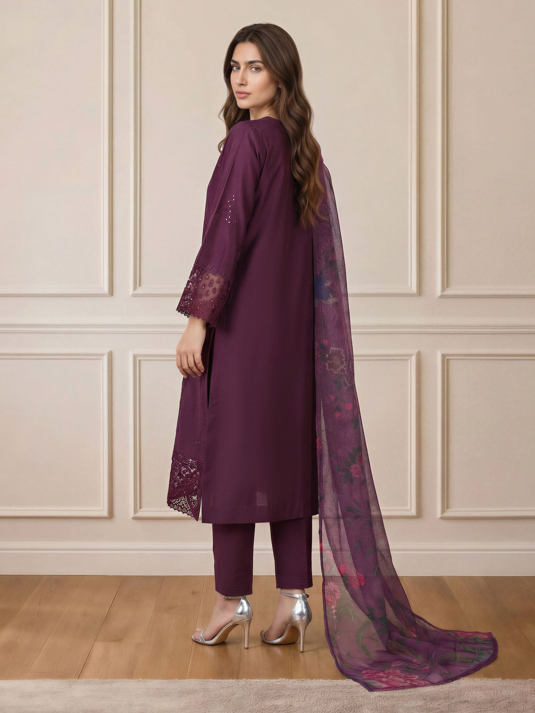 3 Piece Satin Suit- Embroidered (Pret)