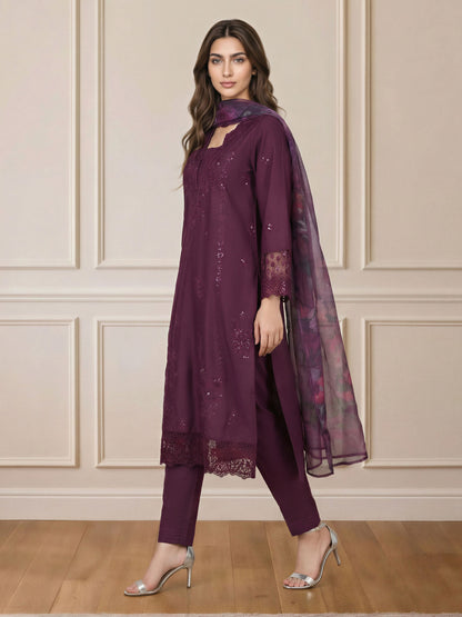 3 Piece Satin Suit- Embroidered (Pret)