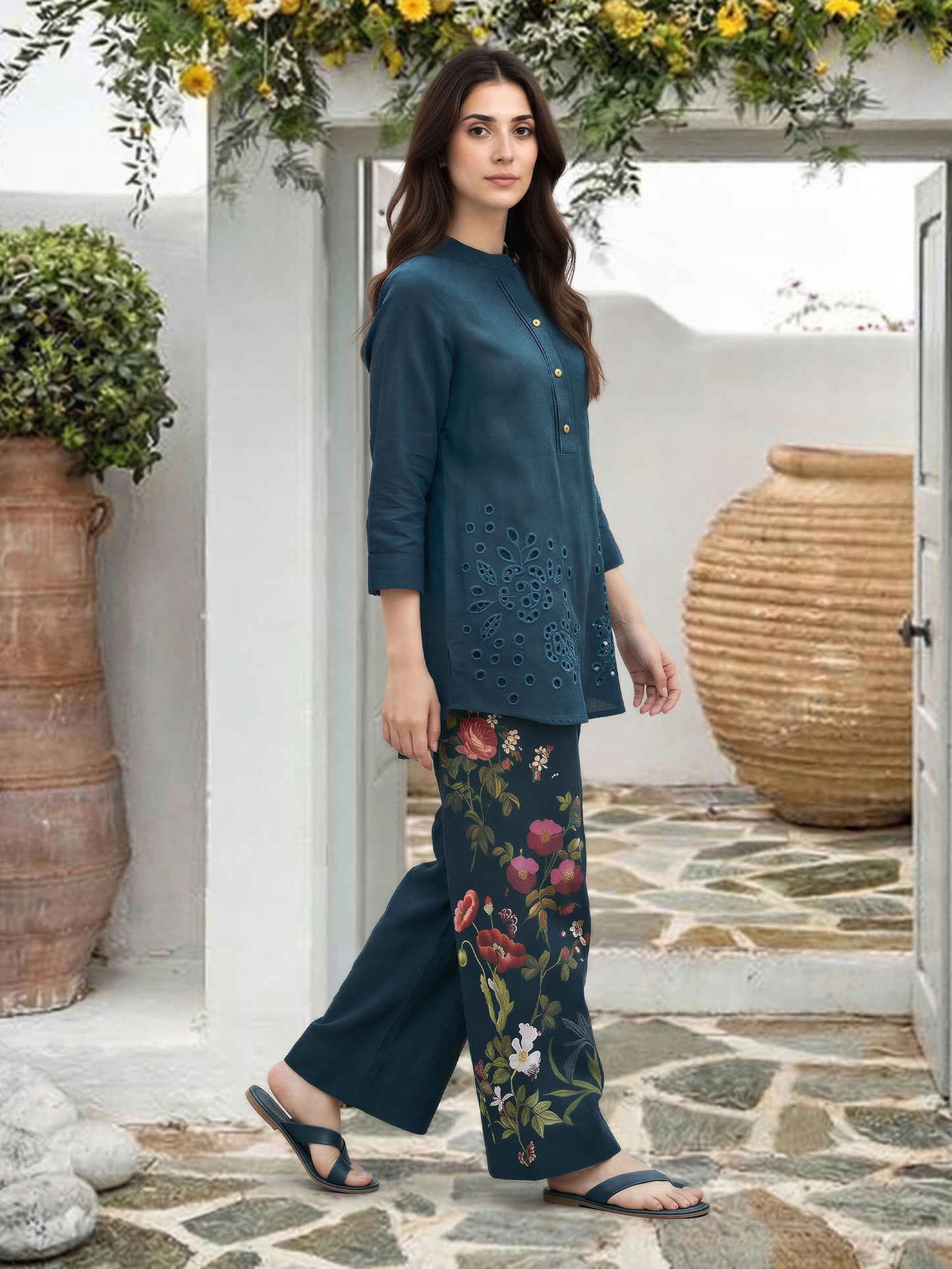 Lawn Slub Co-ord Set- Embroidered