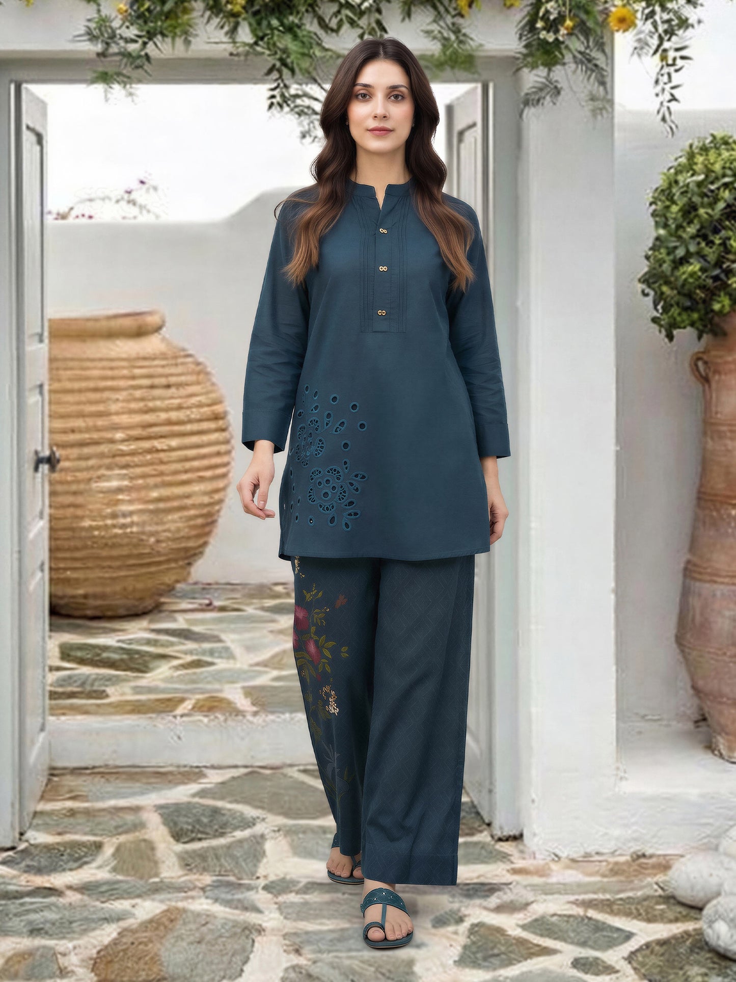 Lawn Slub Co-ord Set- Embroidered