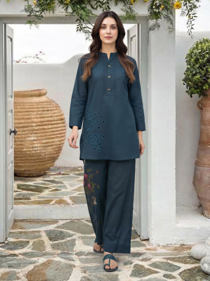 Lawn Slub Co-ord Set- Embroidered