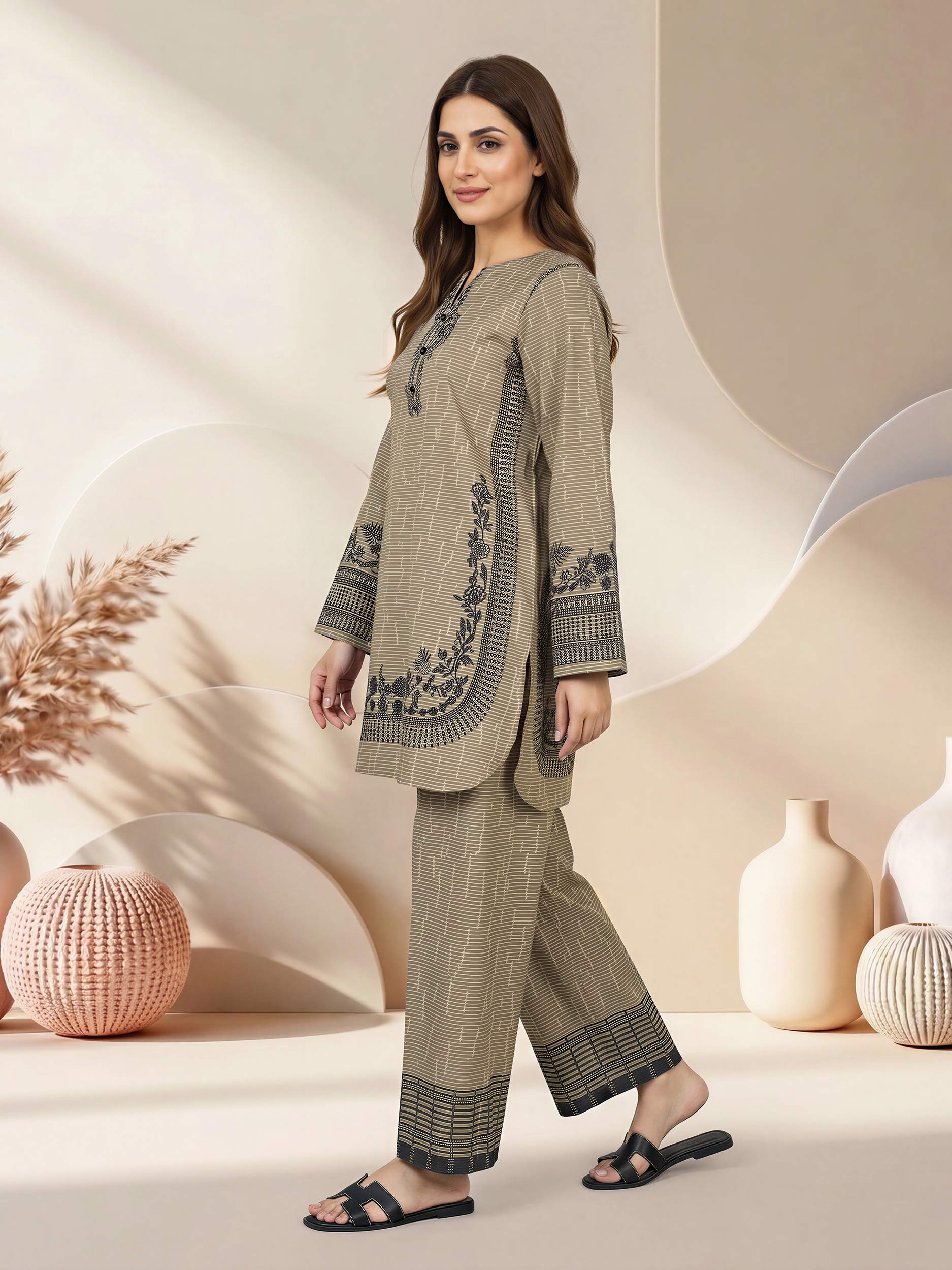 Lawn Slub Co-ord Set- Embroidered