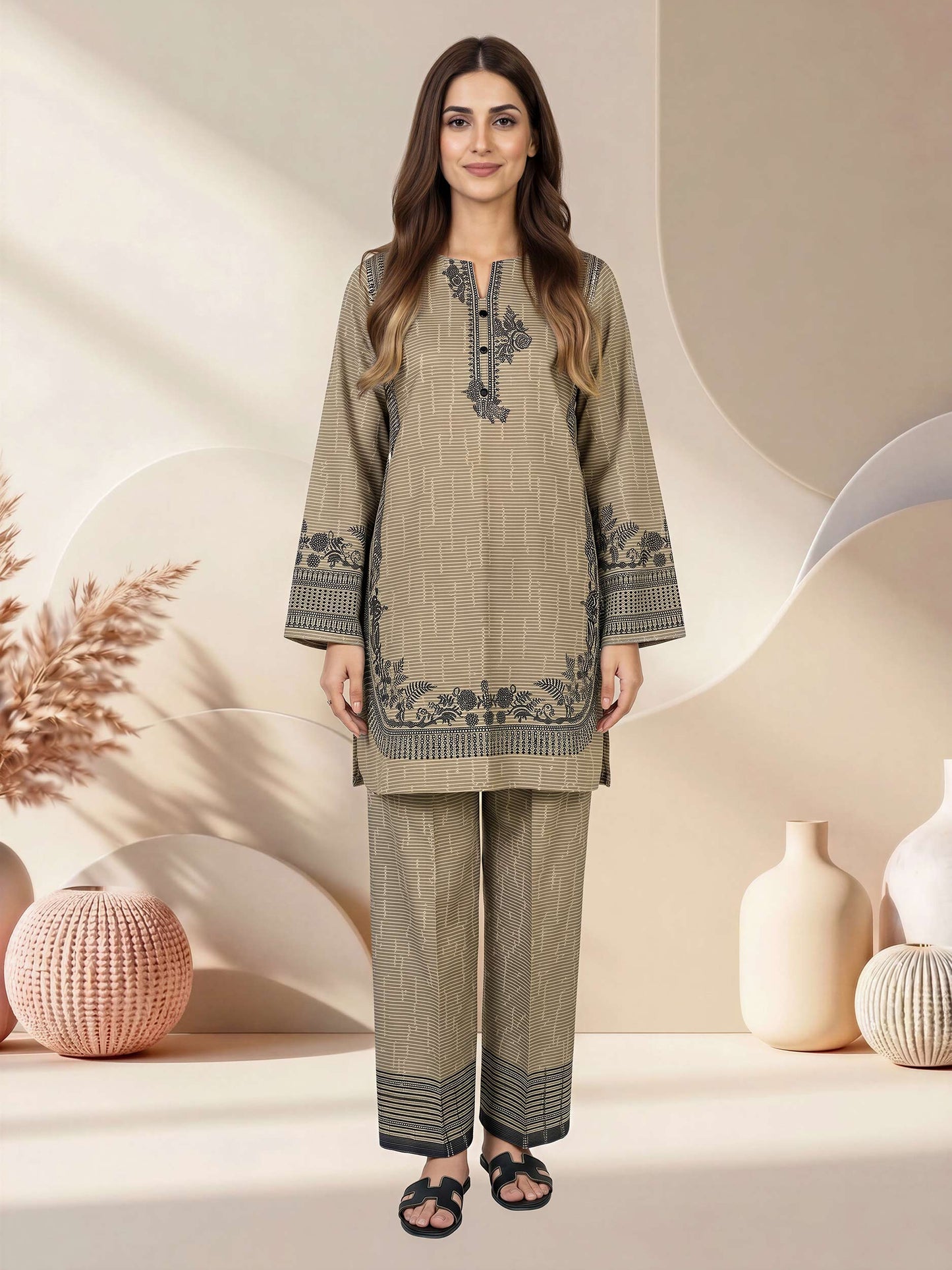 Lawn Slub Co-ord Set- Embroidered