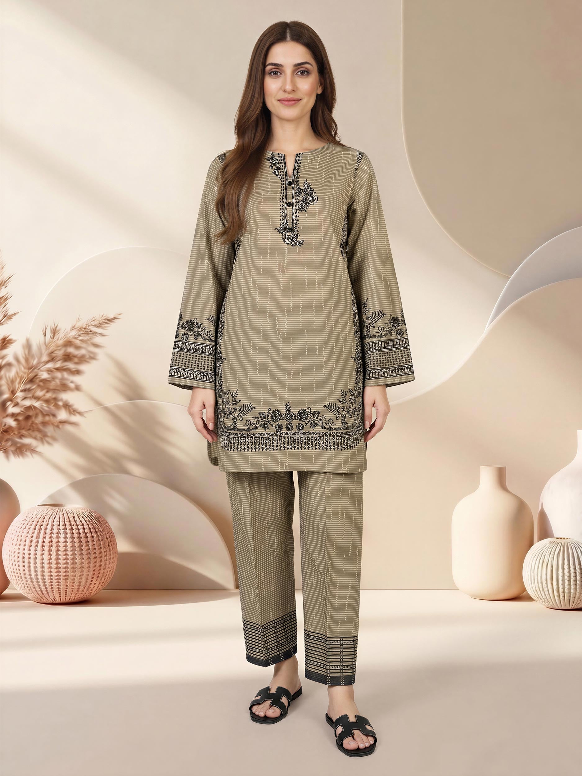 Lawn Slub Co-ord Set- Embroidered