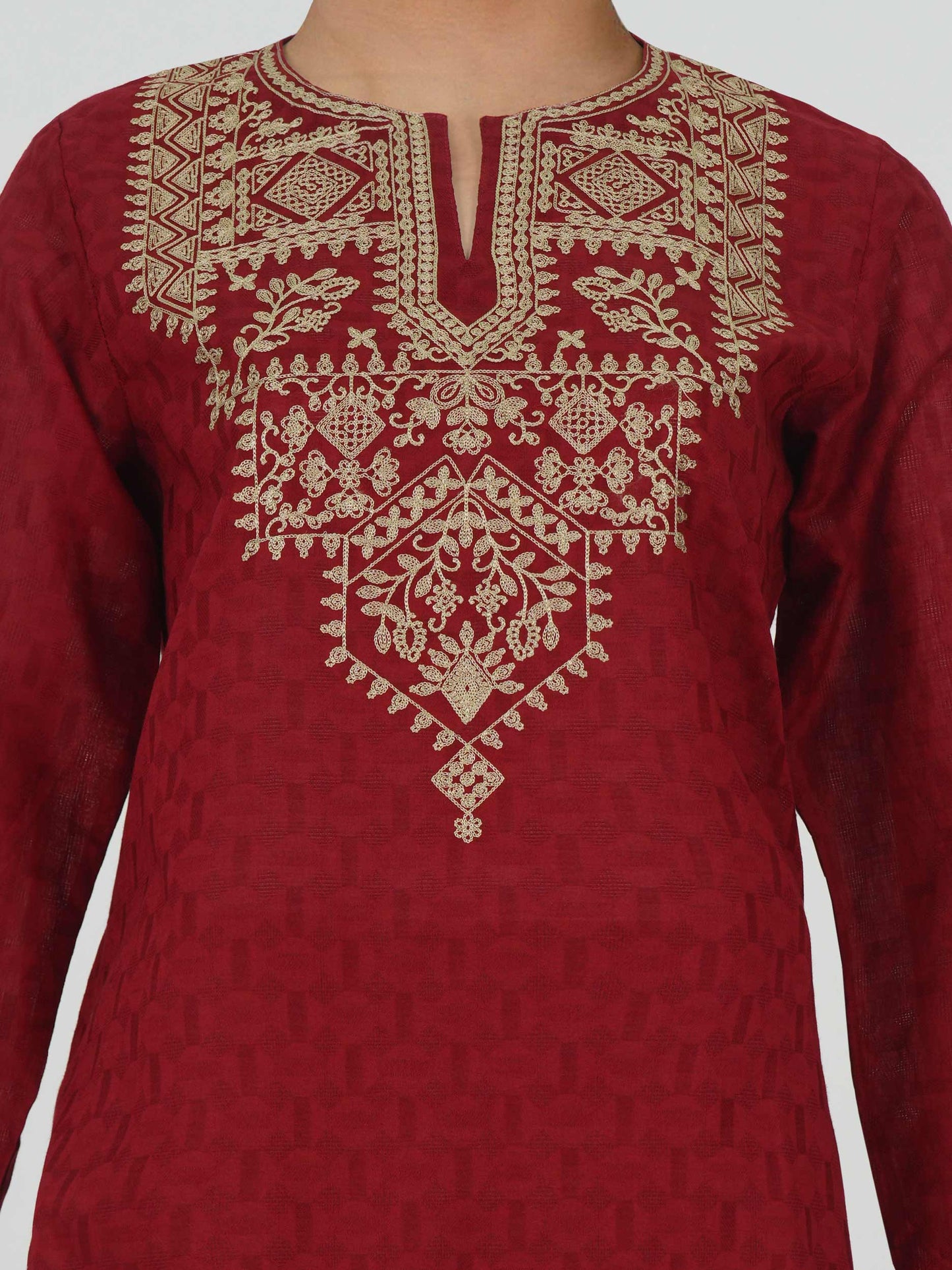 Self Jacquard Kurti- Embroidered