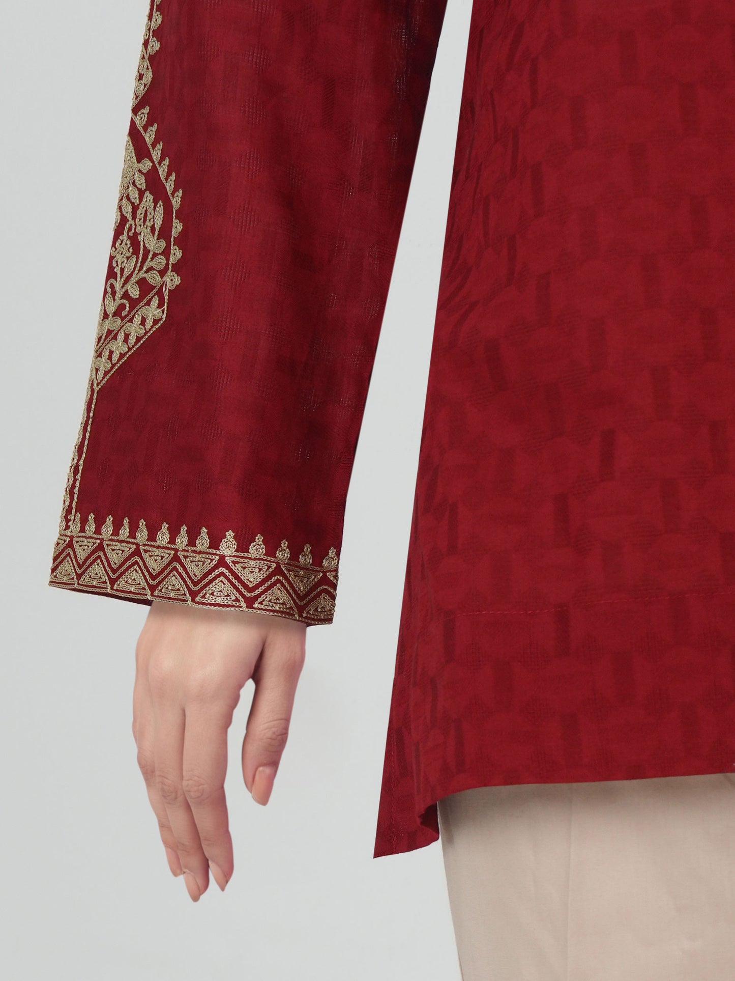 Self Jacquard Kurti- Embroidered
