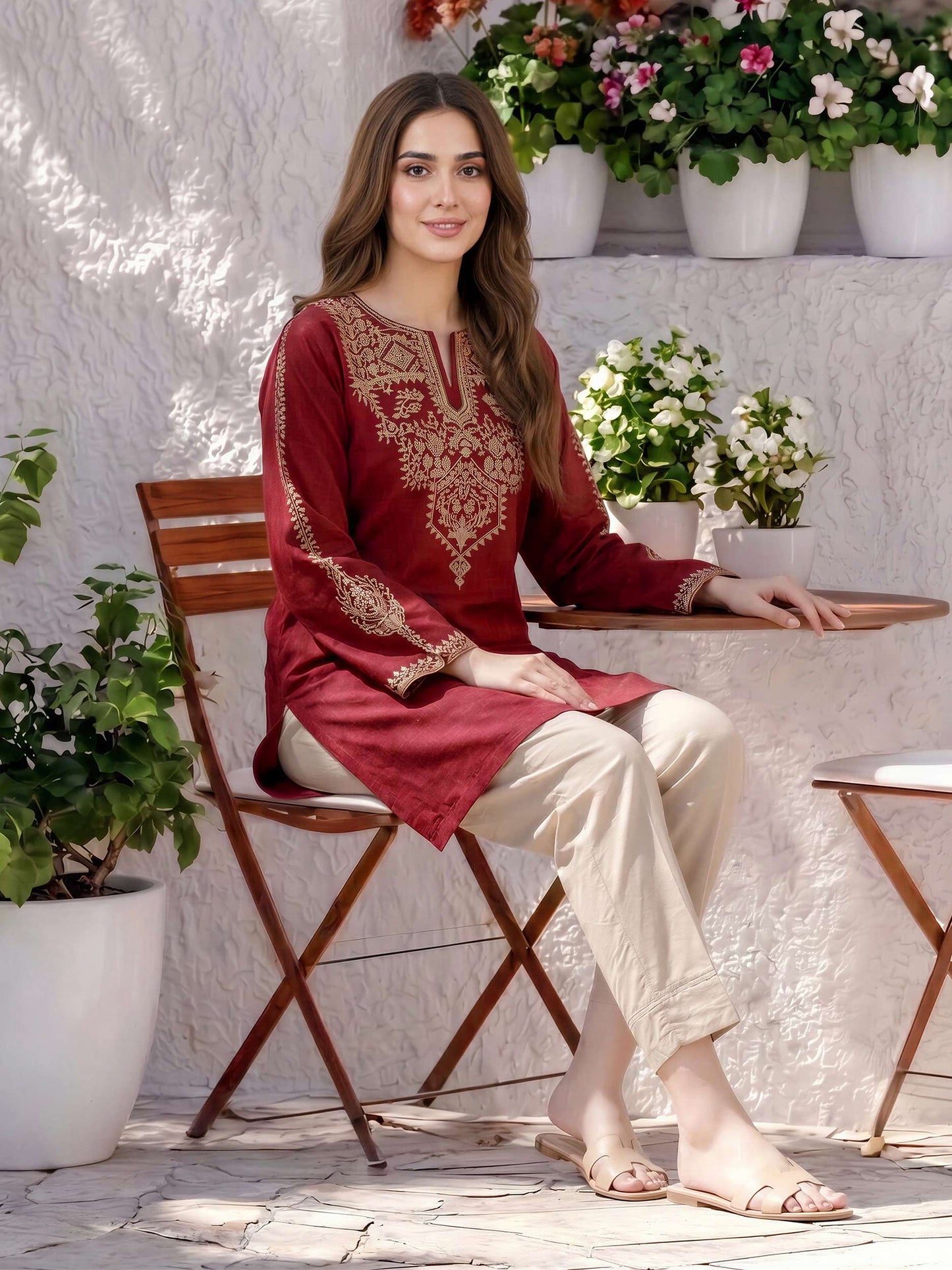 Self Jacquard Kurti- Embroidered