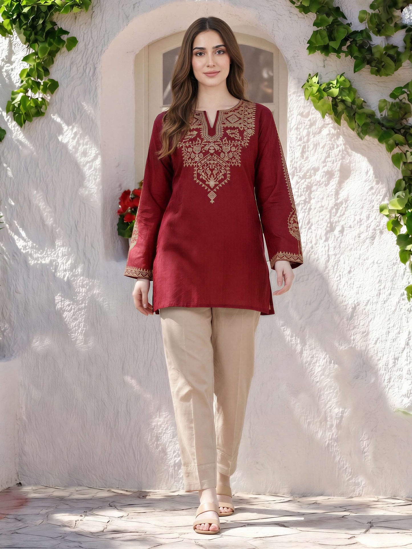 Self Jacquard Kurti- Embroidered