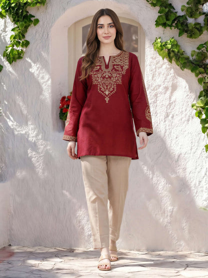 Self Jacquard Kurti- Embroidered