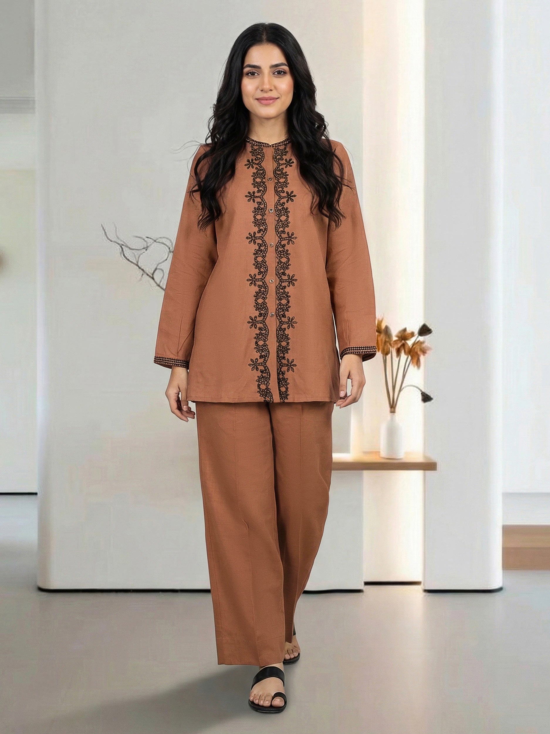 Lawn Slub Co-ord Set- Embroidered