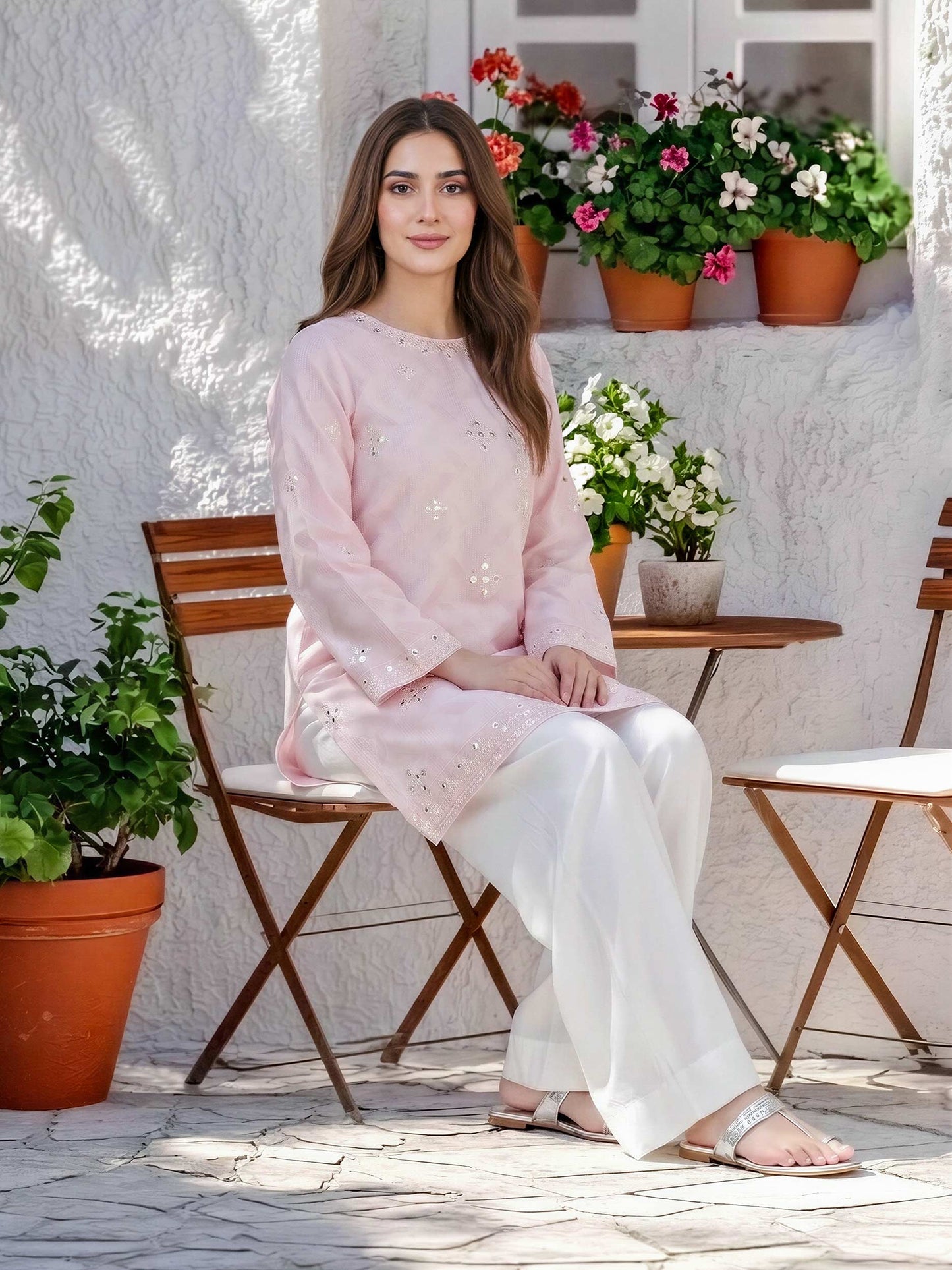 Self Jacquard Kurti- Embroidered (Pret)