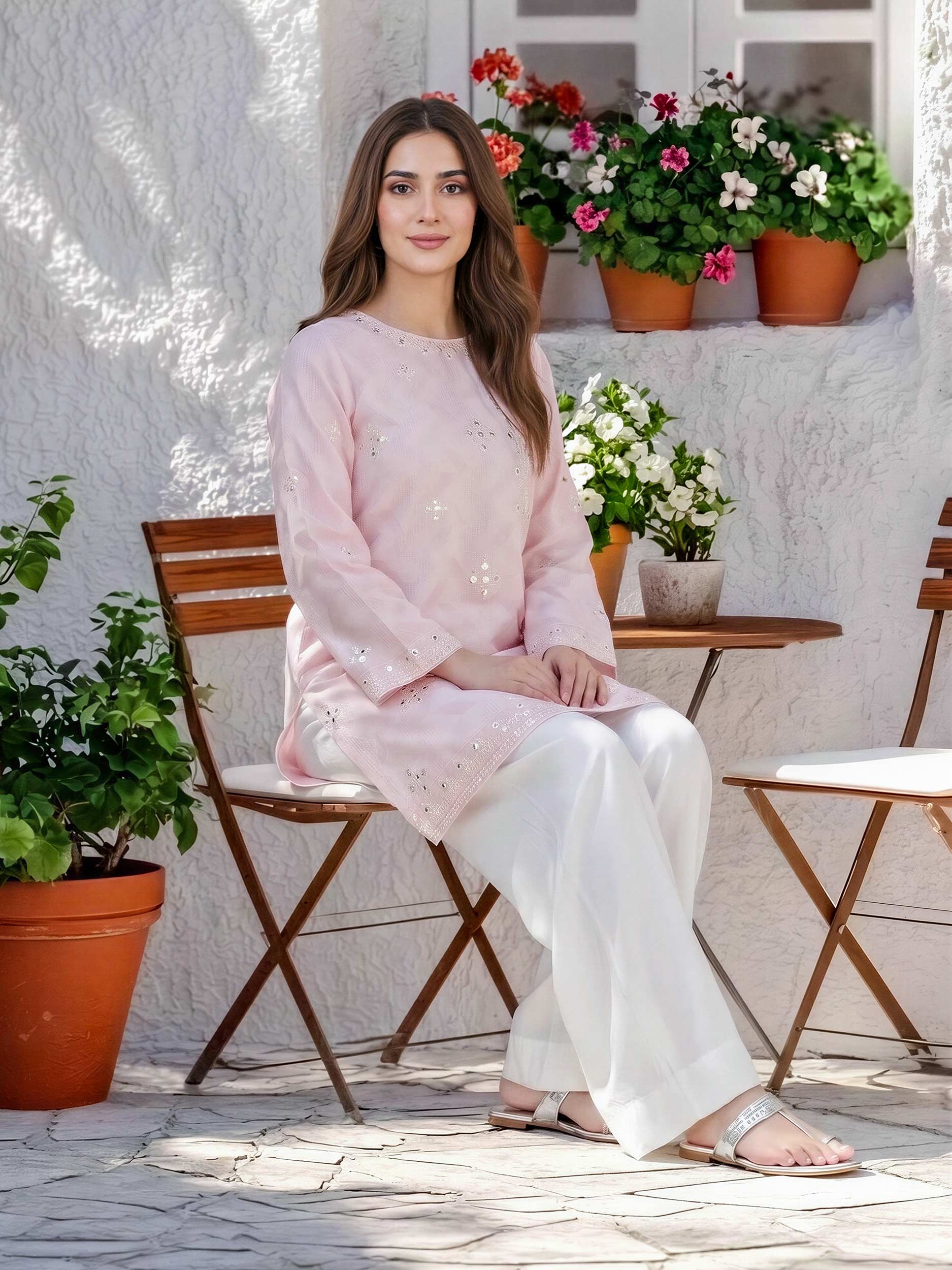 Self Jacquard Kurti- Embroidered (Pret)