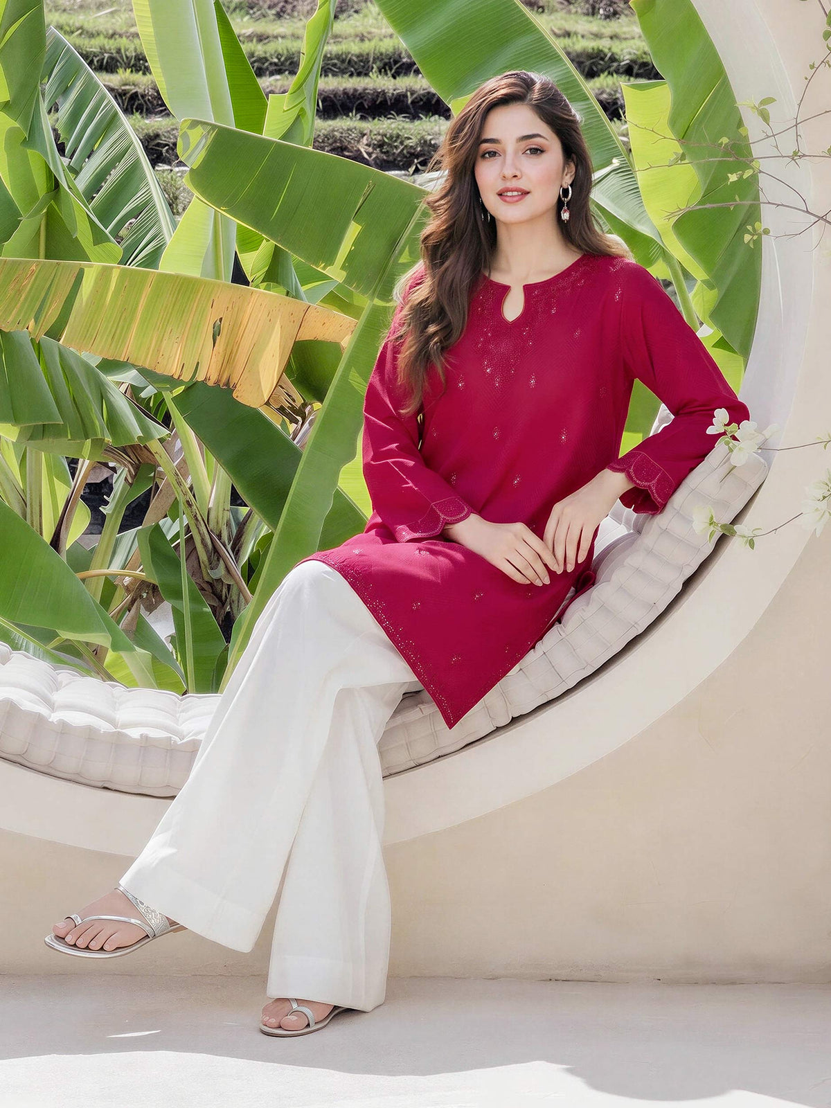 Self Jacquard Kurti- Embroidered (Pret)