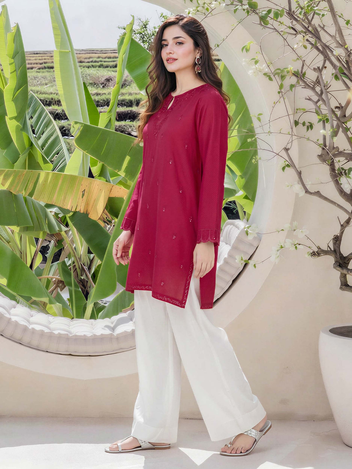 Self Jacquard Kurti- Embroidered (Pret)