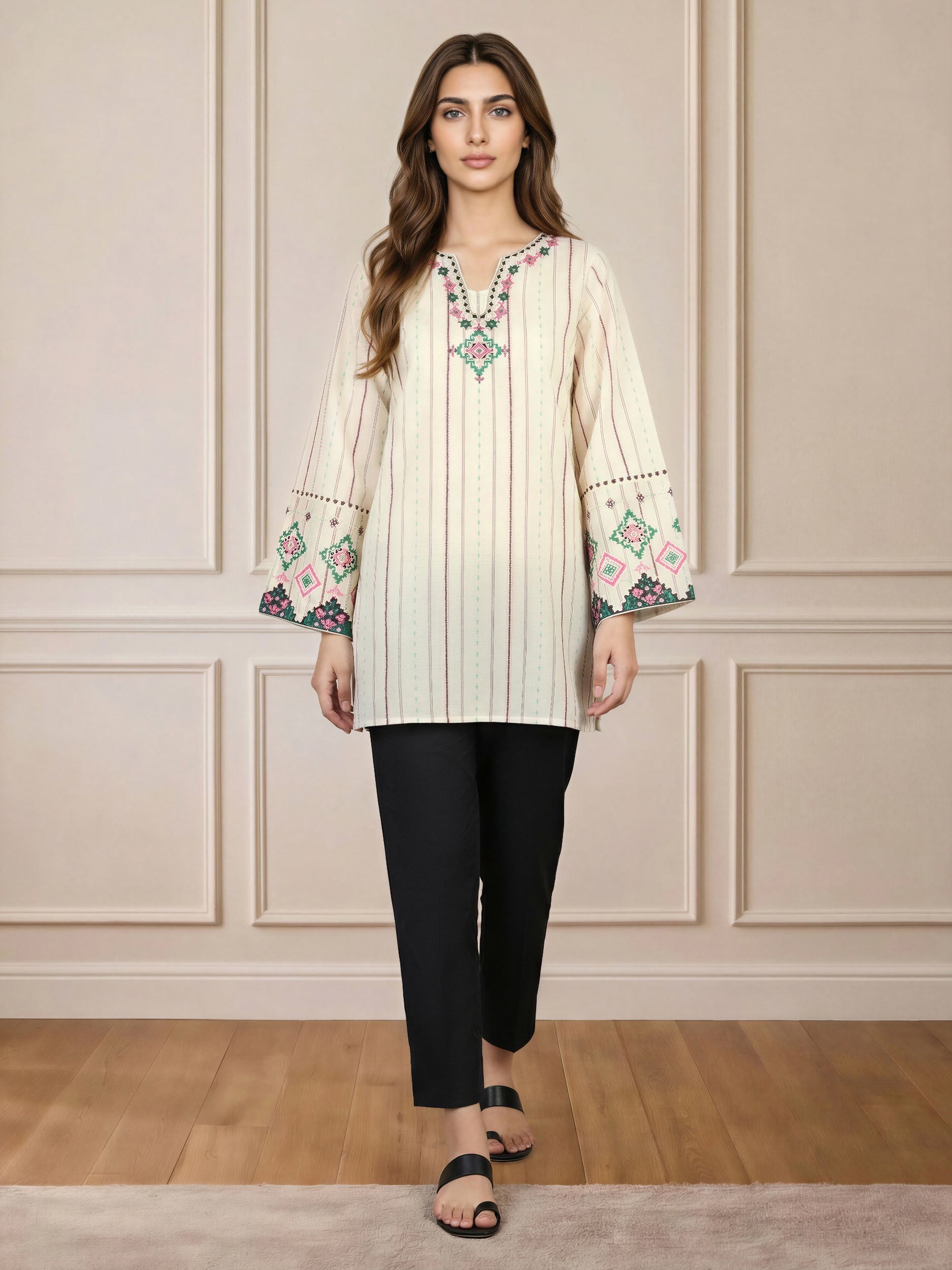 Self Jacquard Kurti- Embroidered (Pret)