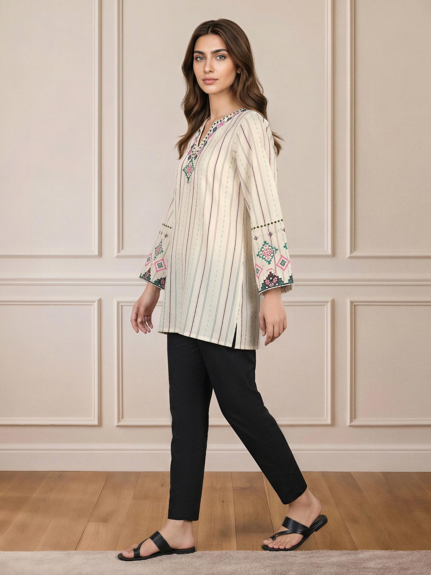 Self Jacquard Kurti- Embroidered (Pret)