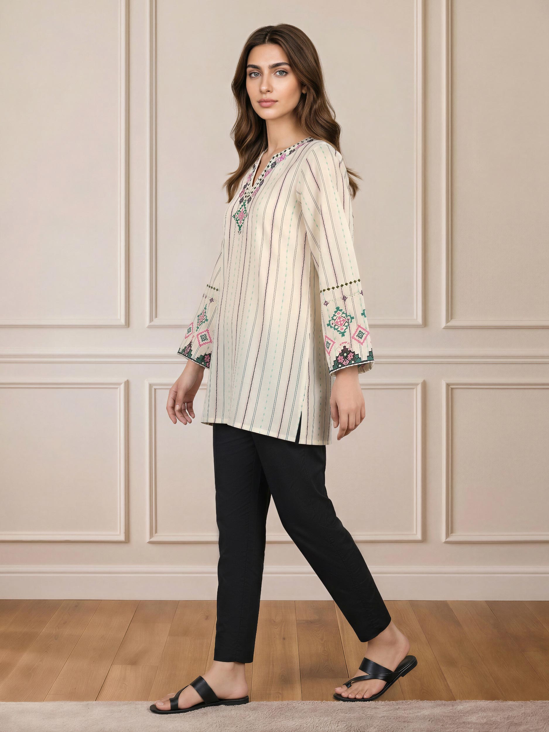 Self Jacquard Kurti- Embroidered (Pret)