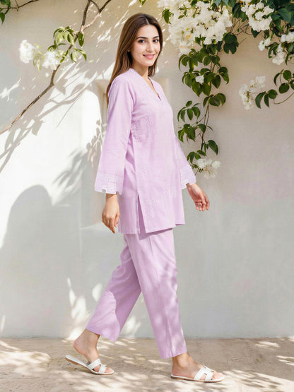 Lawn Slub Co-ord Set- Embroidered