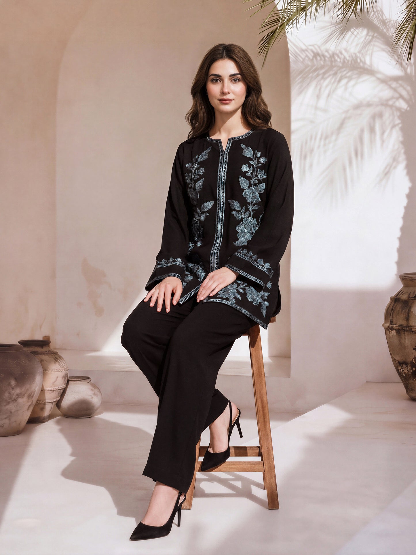 Viscose Slub Co-ord Set- Embroidered