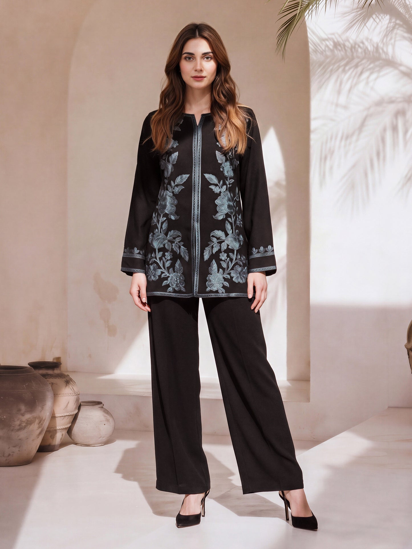 Viscose Slub Co-ord Set- Embroidered