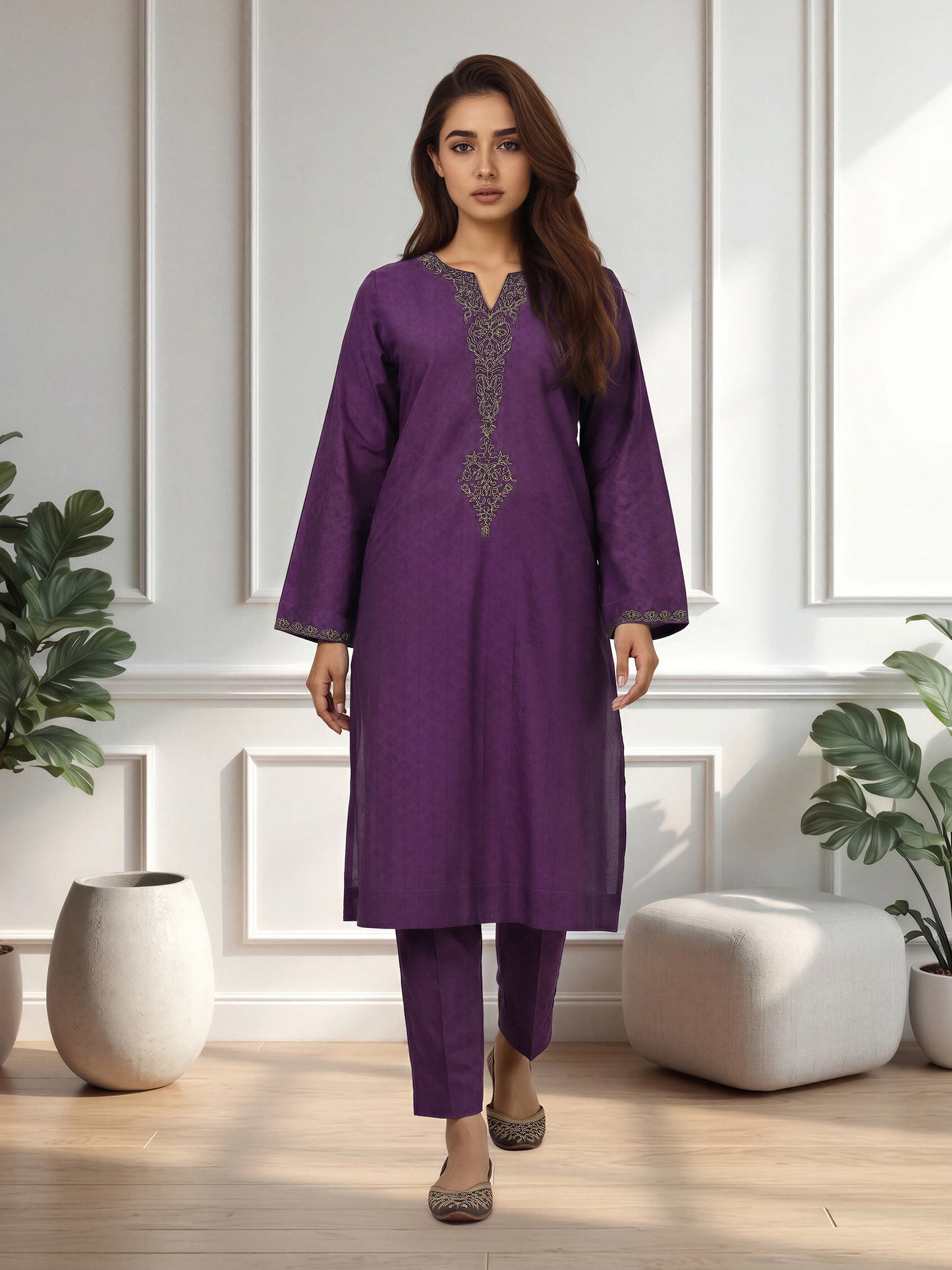 2 Piece Self Jacquard Suit- Embroidered (Pret)