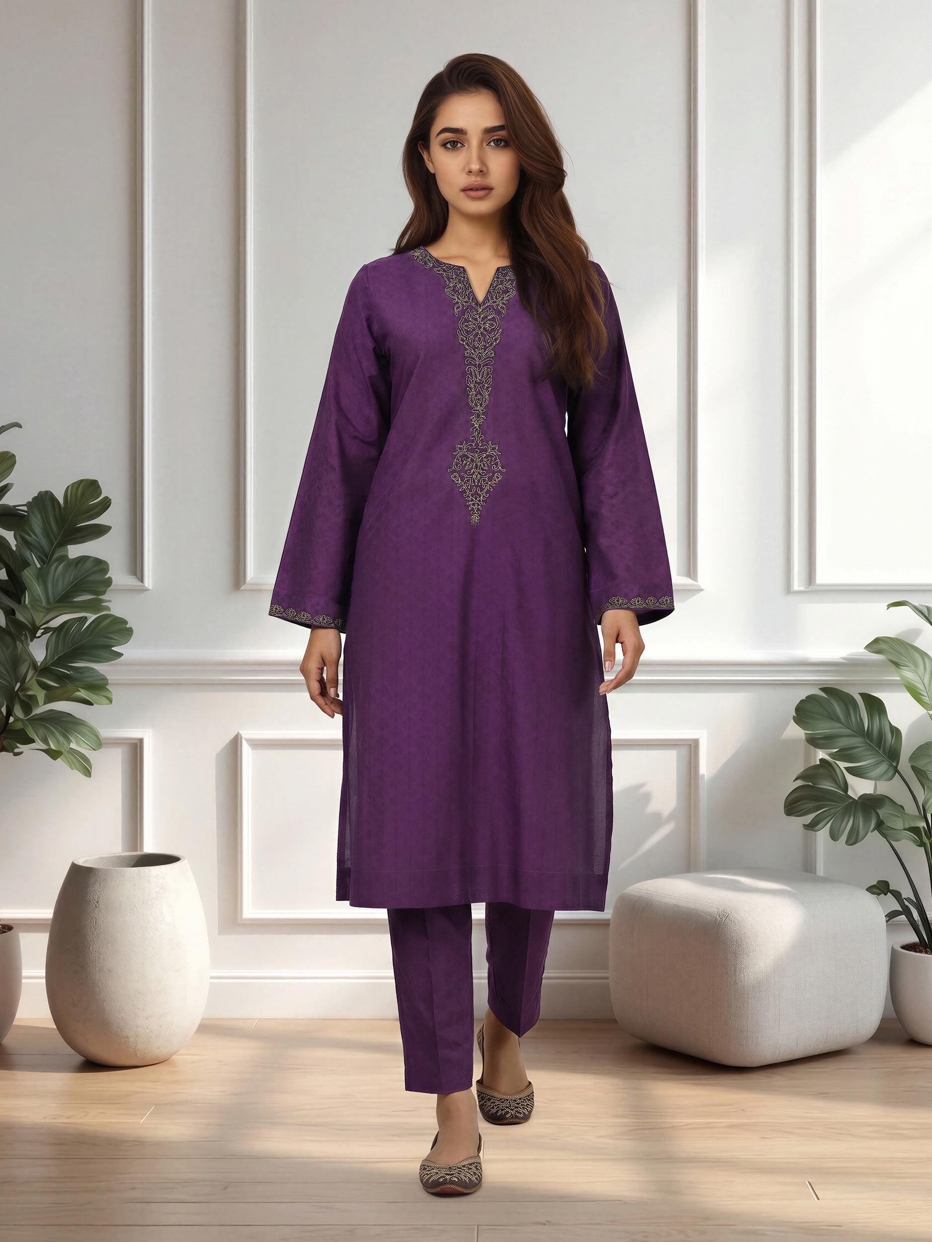 2 Piece Self Jacquard Suit- Embroidered (Pret)