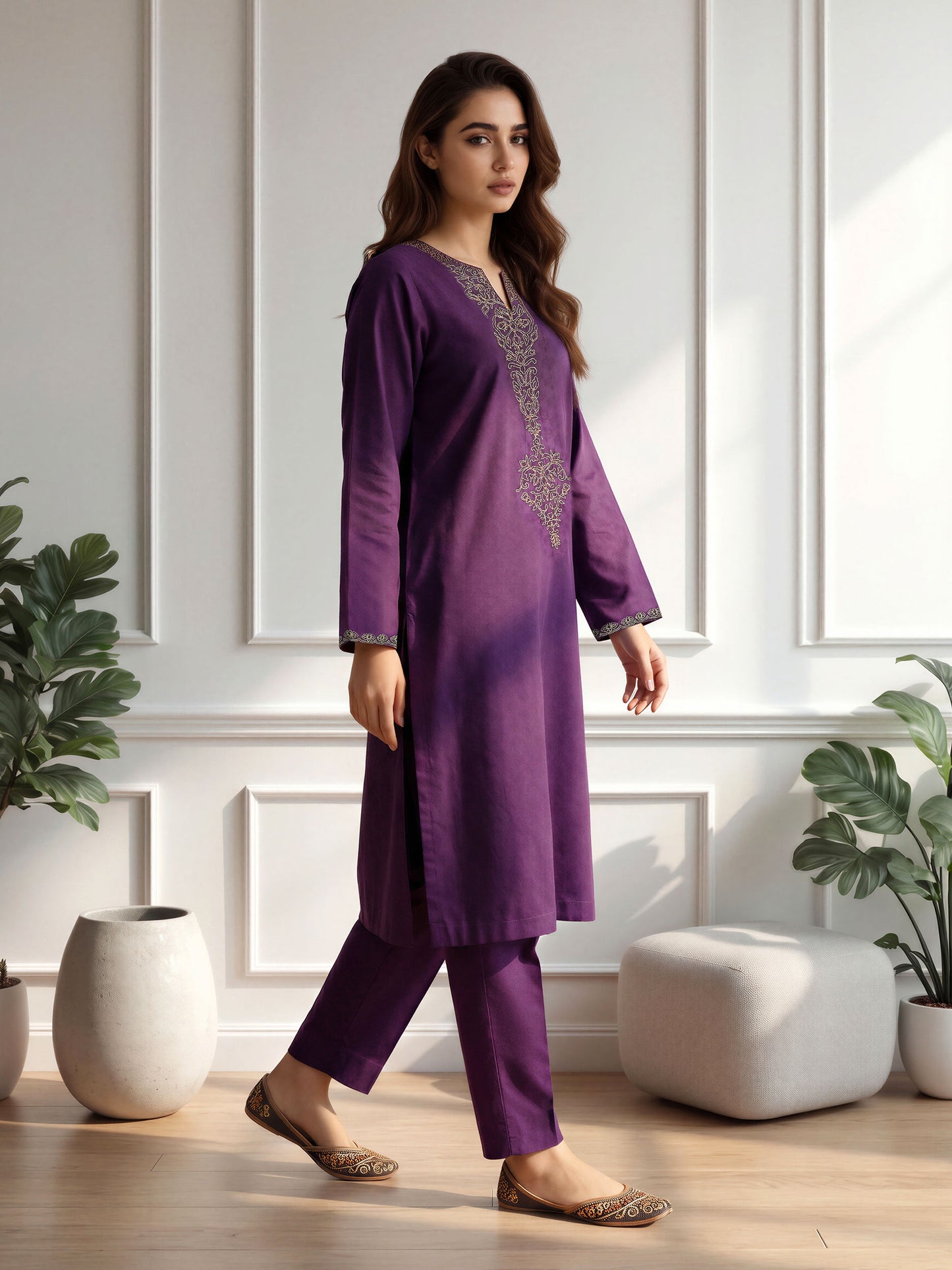 2 Piece Self Jacquard Suit- Embroidered (Pret)