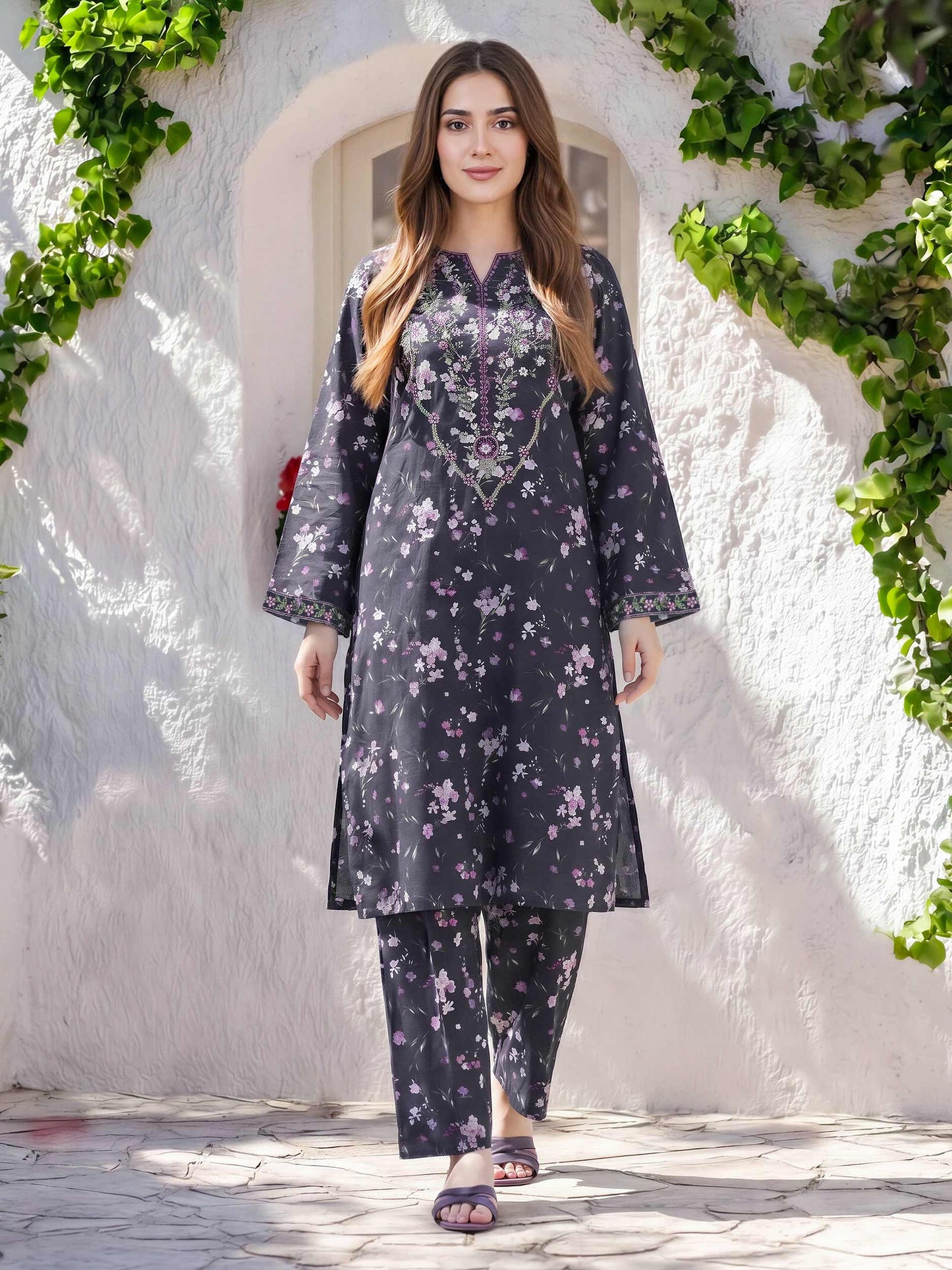 2 Piece Viscose Cotton Suit- Embroidered (Pret)