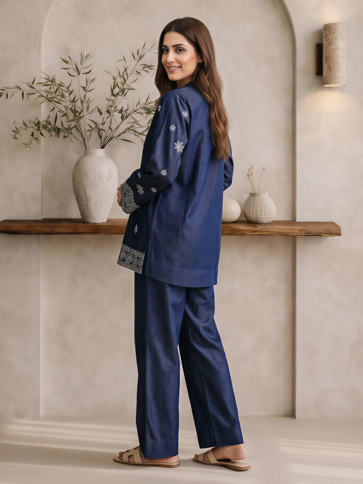 Button-Down Denim Co-ord Set- Embroidered