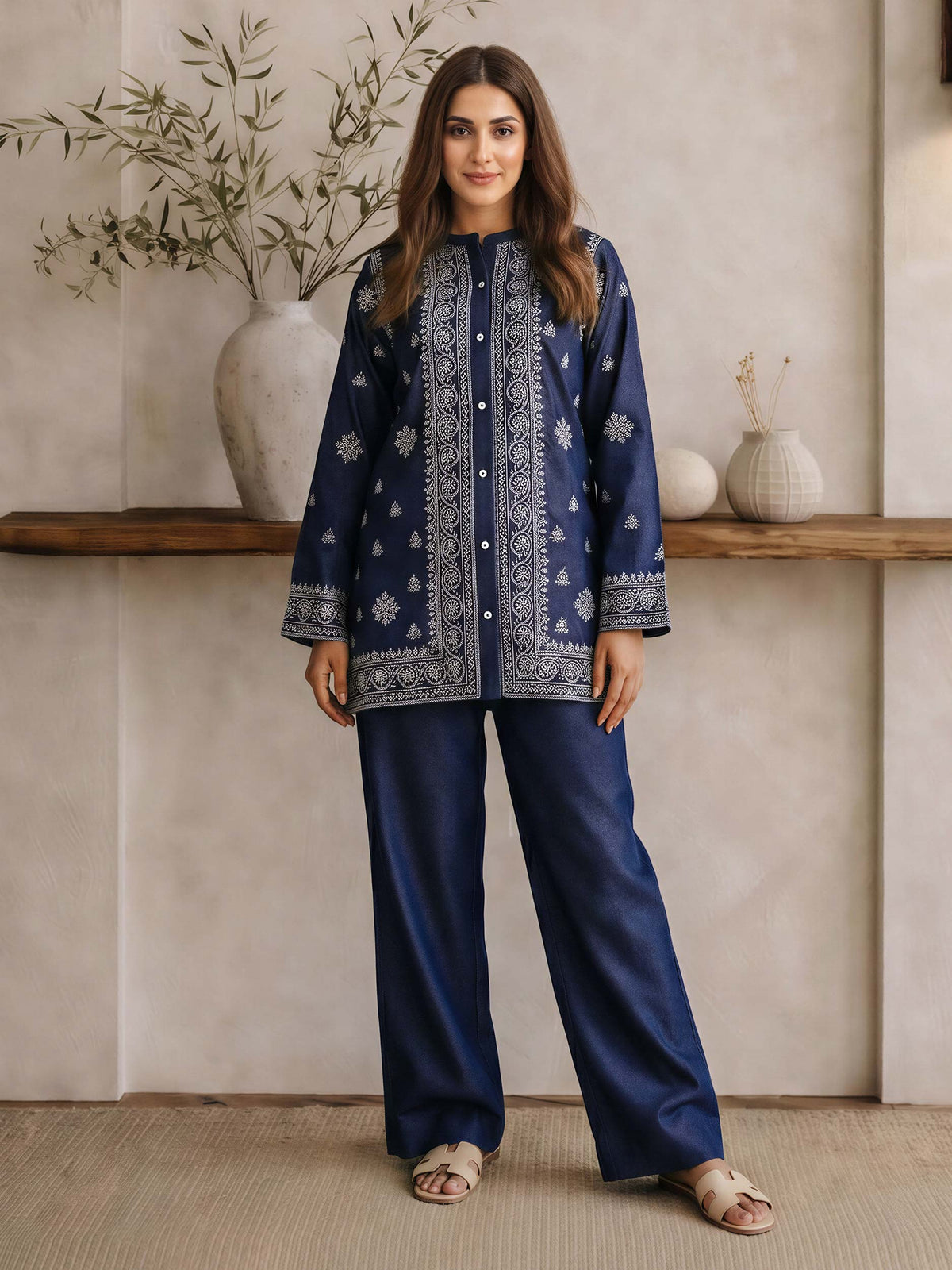 Button-Down Denim Co-ord Set- Embroidered