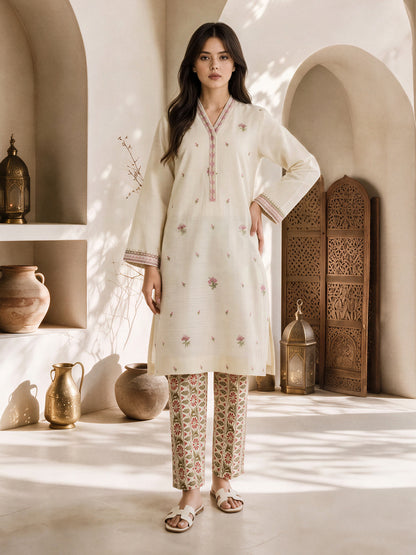2 Piece Slub Khaddar Suit- Embroidered (Pret)