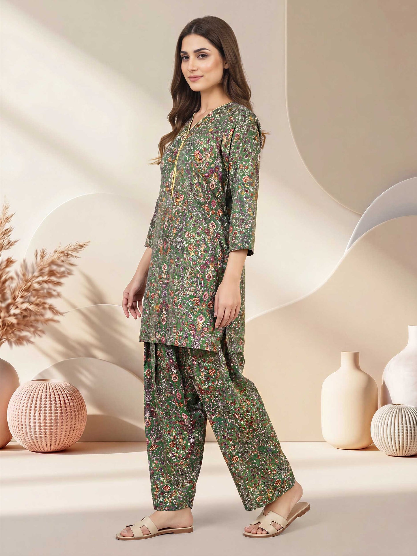 2 Piece Satin Suit- Embroidered (Pret)