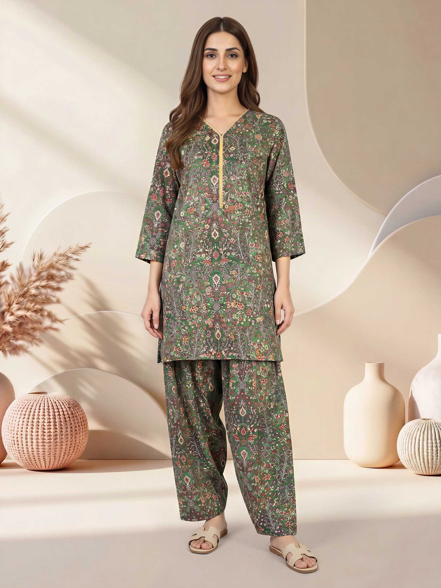 2 Piece Satin Suit- Embroidered (Pret)