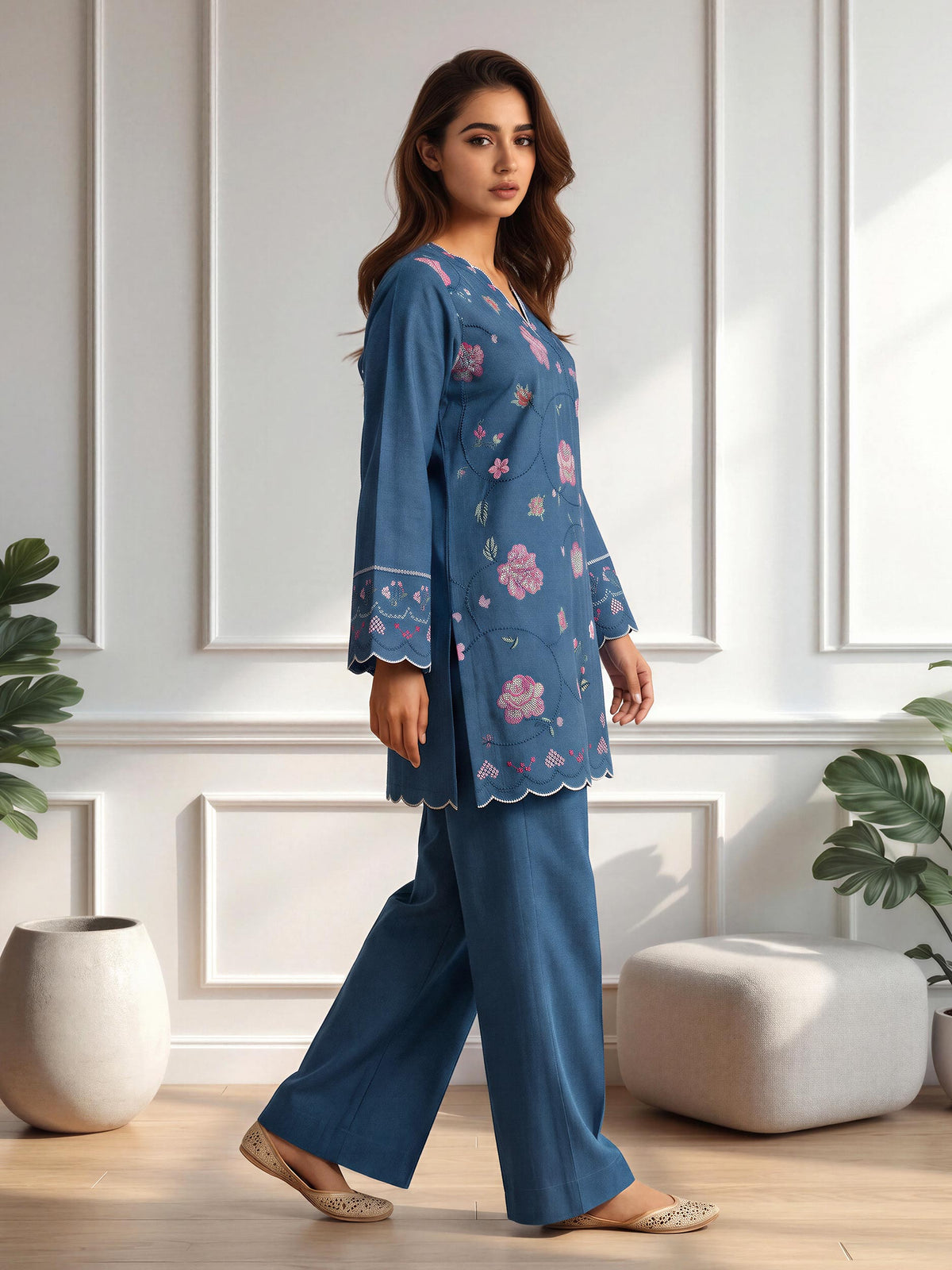 Yarn Dyed Co-ord Set- Embroidered