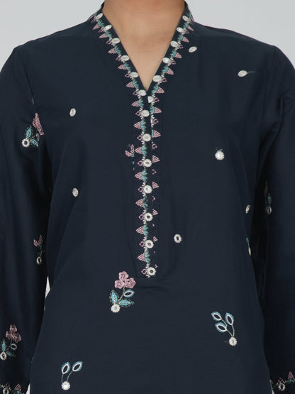 2 Piece Satin Suit- Embroidered (Pret)