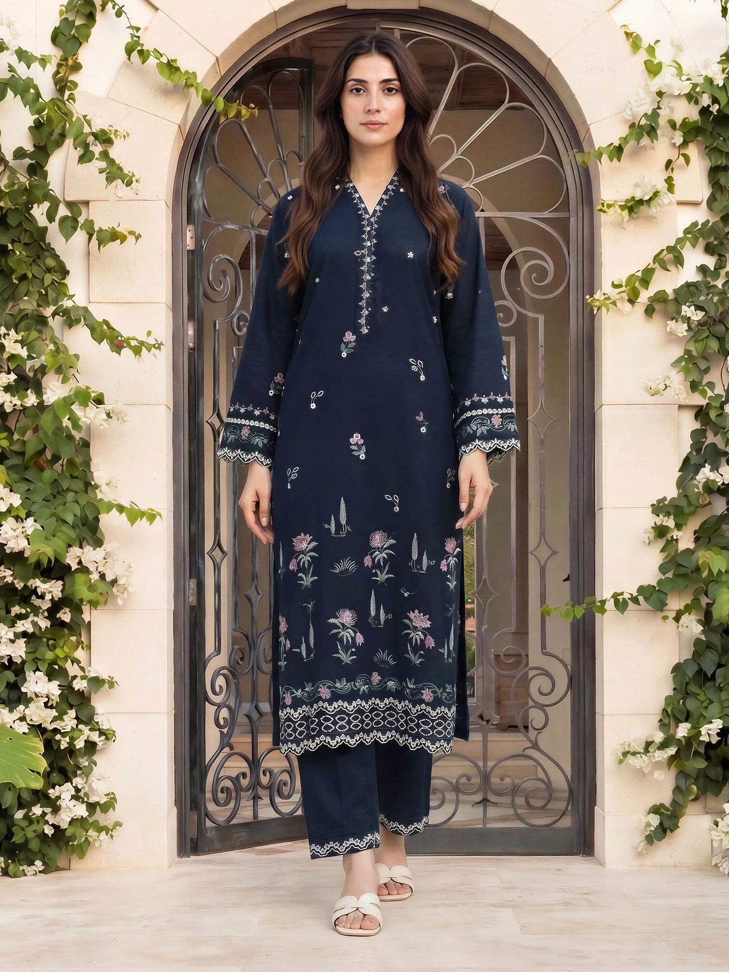 2 Piece Satin Suit- Embroidered (Pret)
