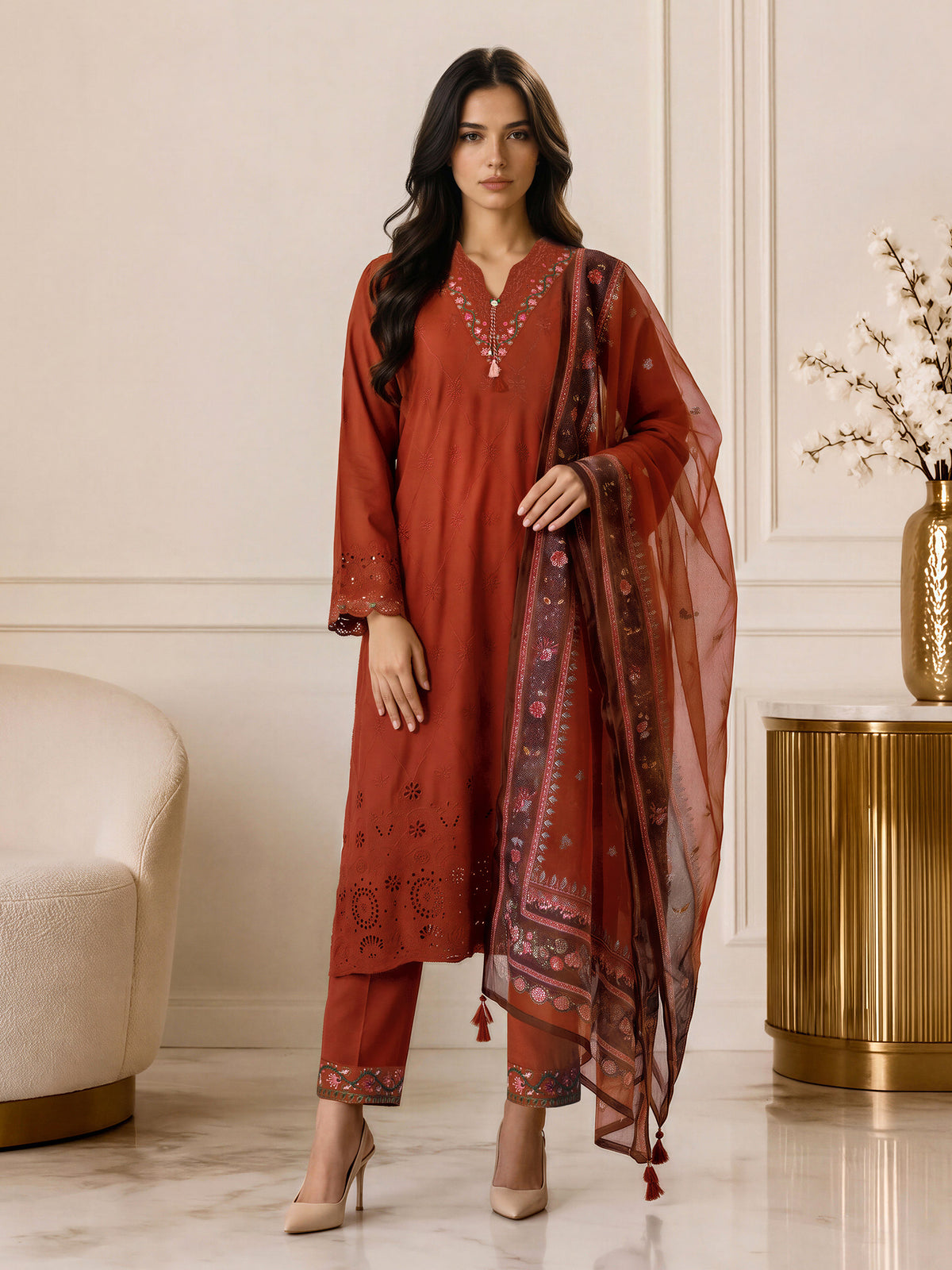 3 Piece Crepe Suit- Embroidered (Pret)