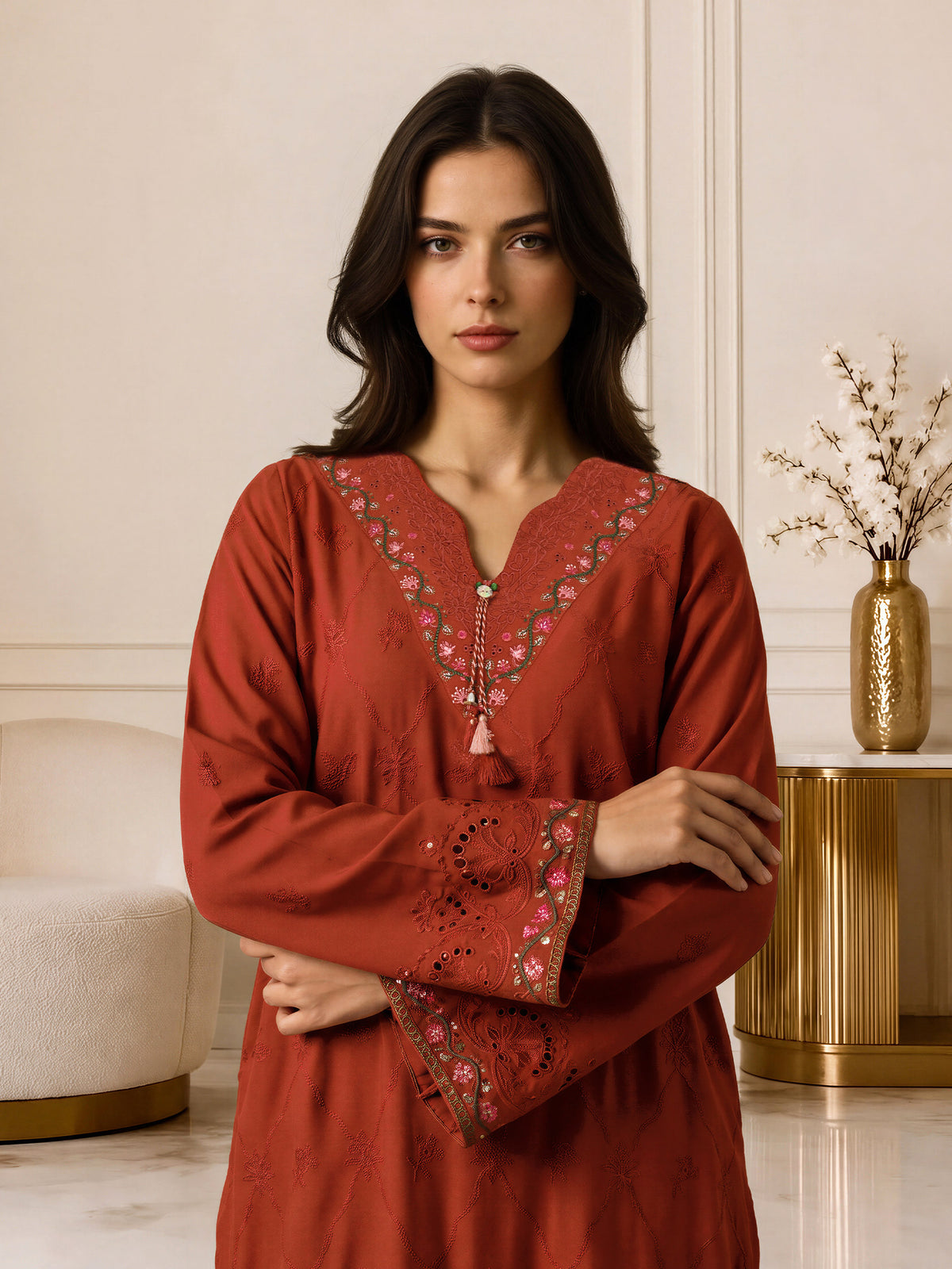 3 Piece Crepe Suit- Embroidered (Pret)