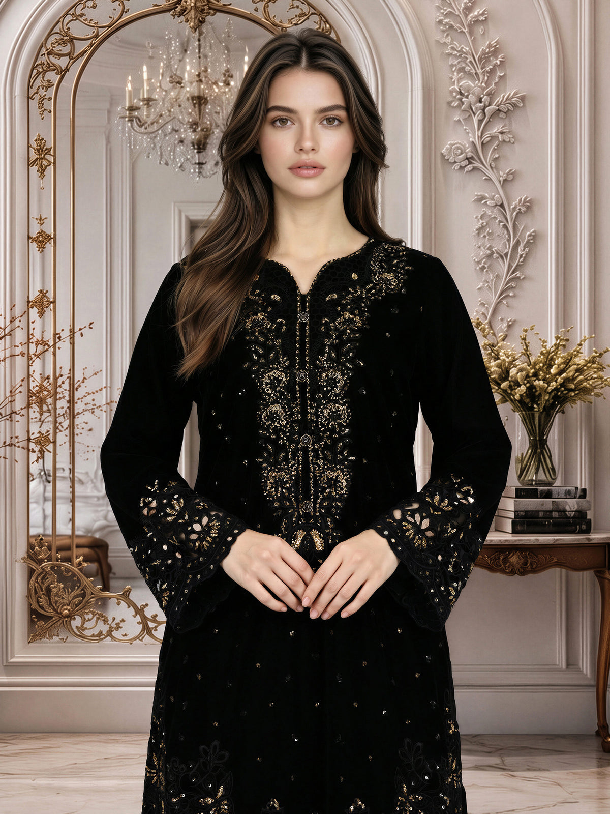 3 Piece Velvet Suit- Embroidered (Pret)