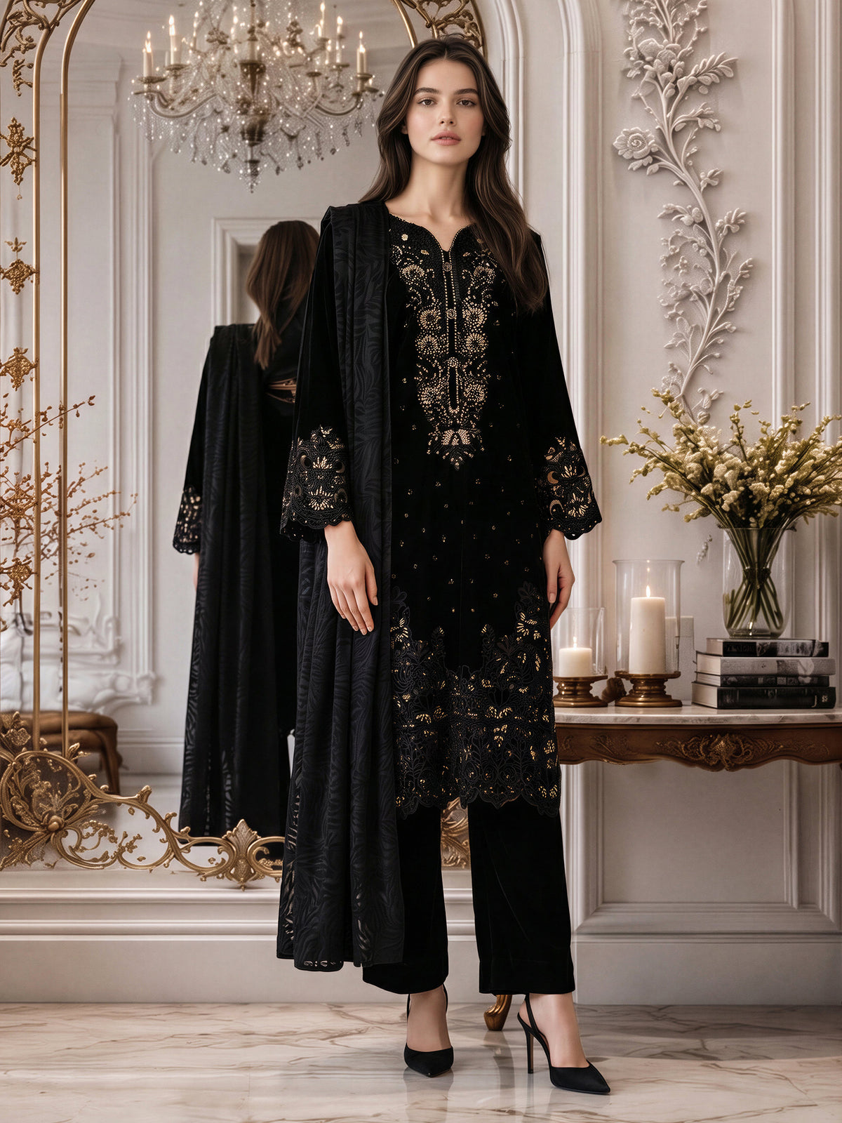 3 Piece Velvet Suit- Embroidered (Pret)