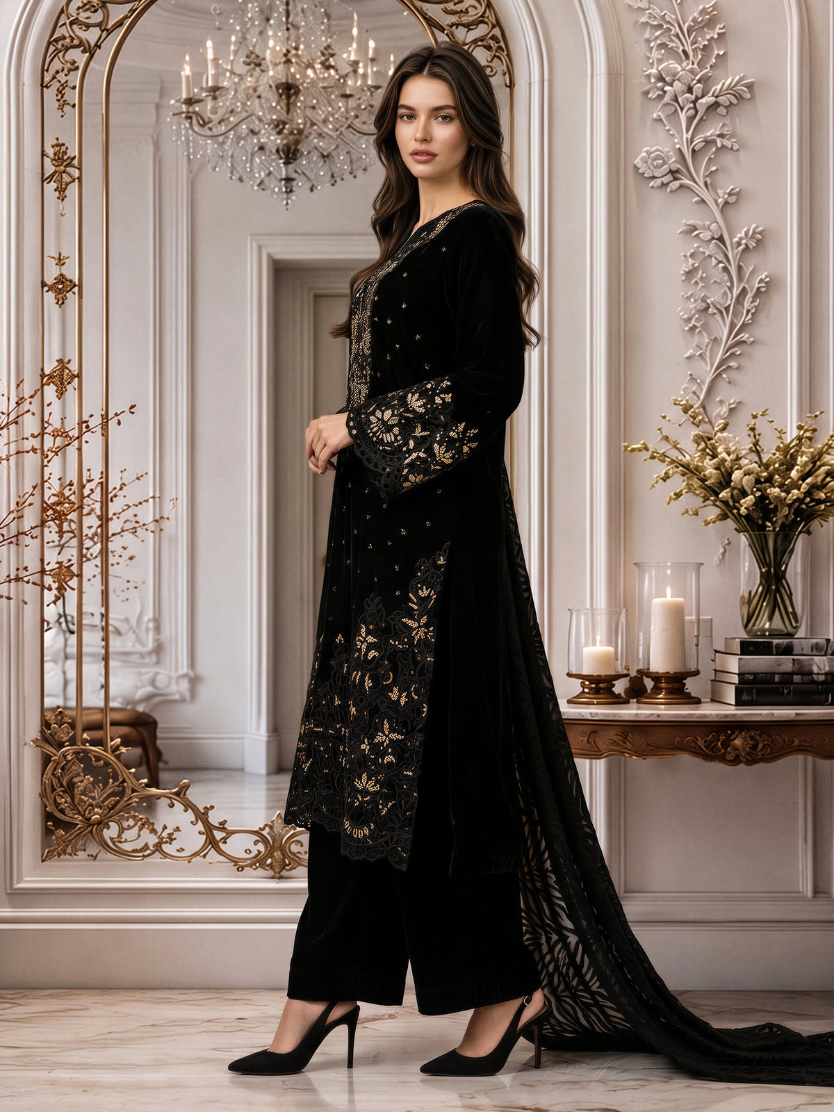 3 Piece Velvet Suit- Embroidered (Pret)