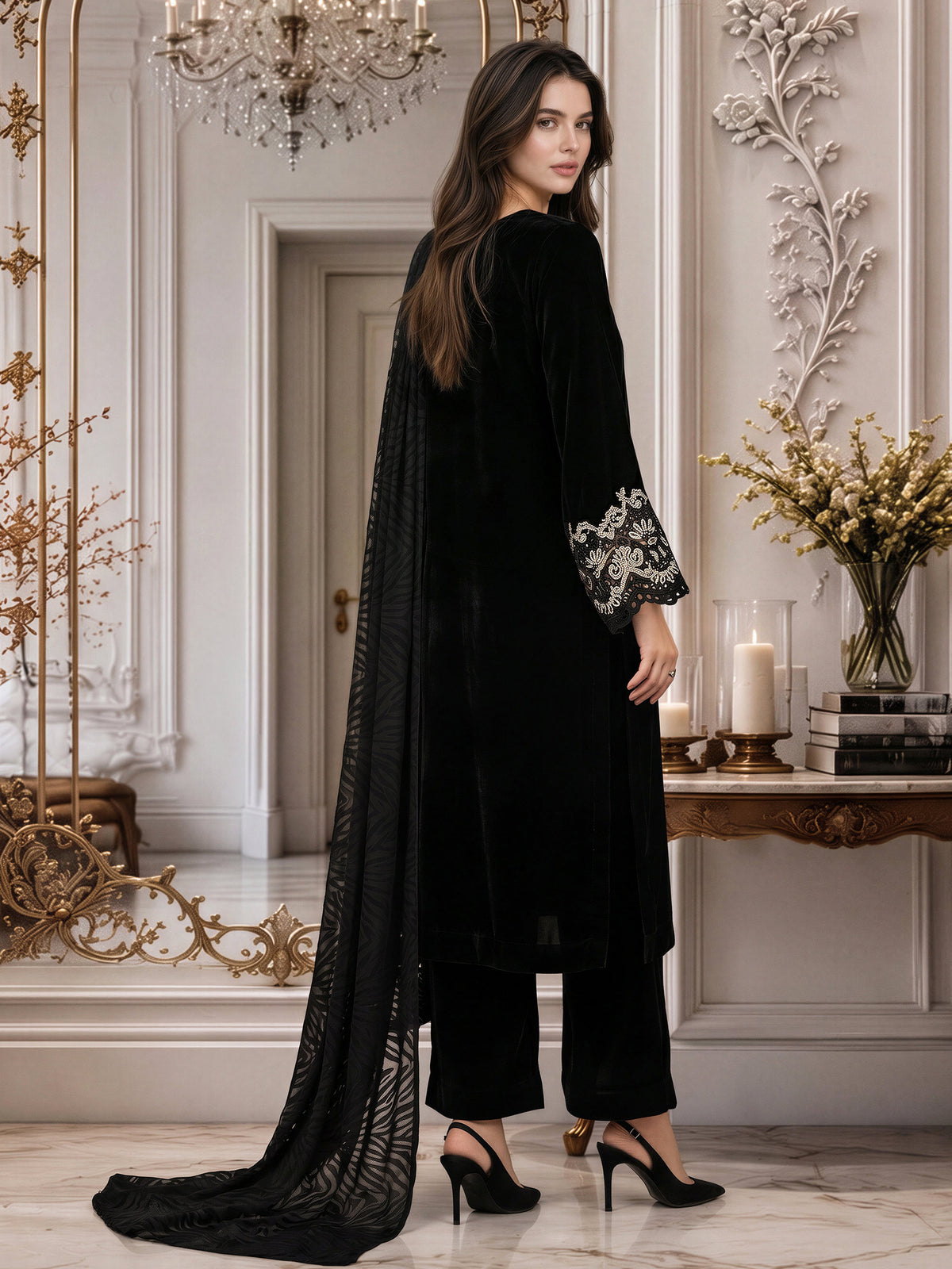 3 Piece Velvet Suit- Embroidered (Pret)