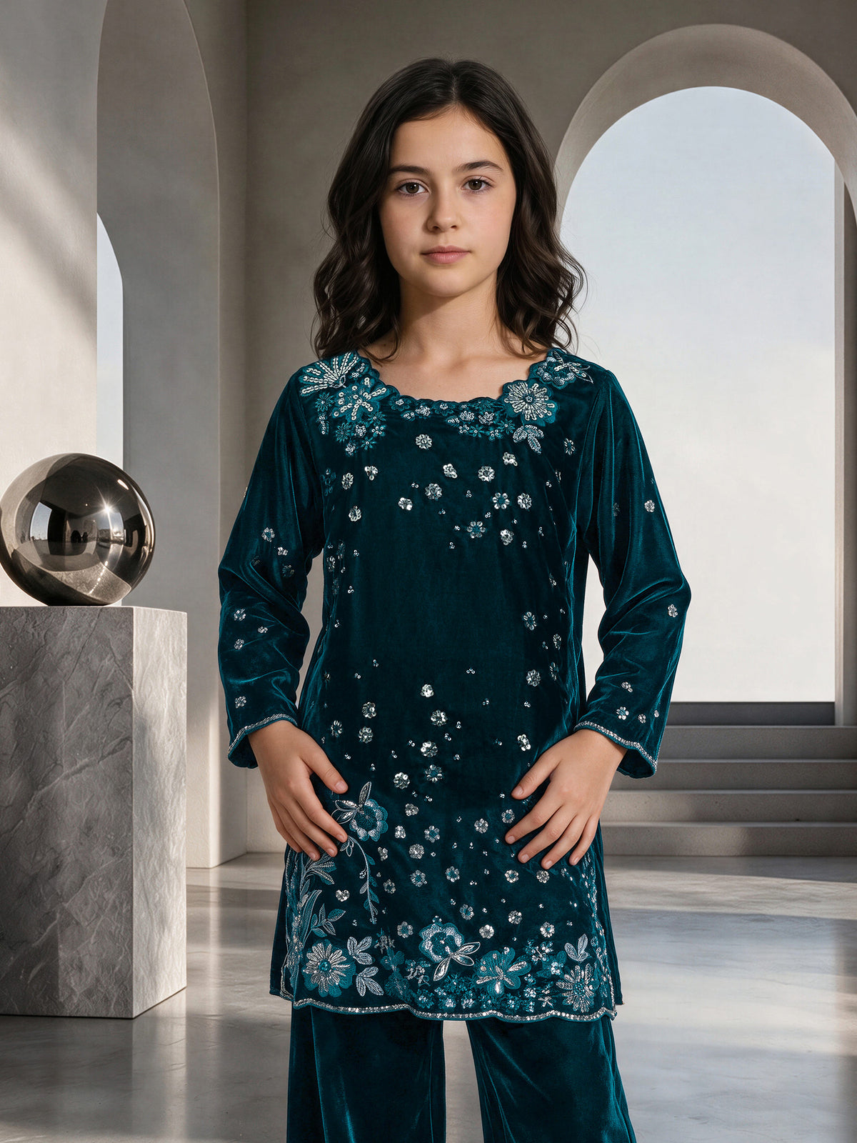 2 Piece Velvet Suit- Embroidered (Pret)
