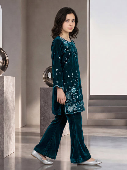2 Piece Velvet Suit- Embroidered (Pret)