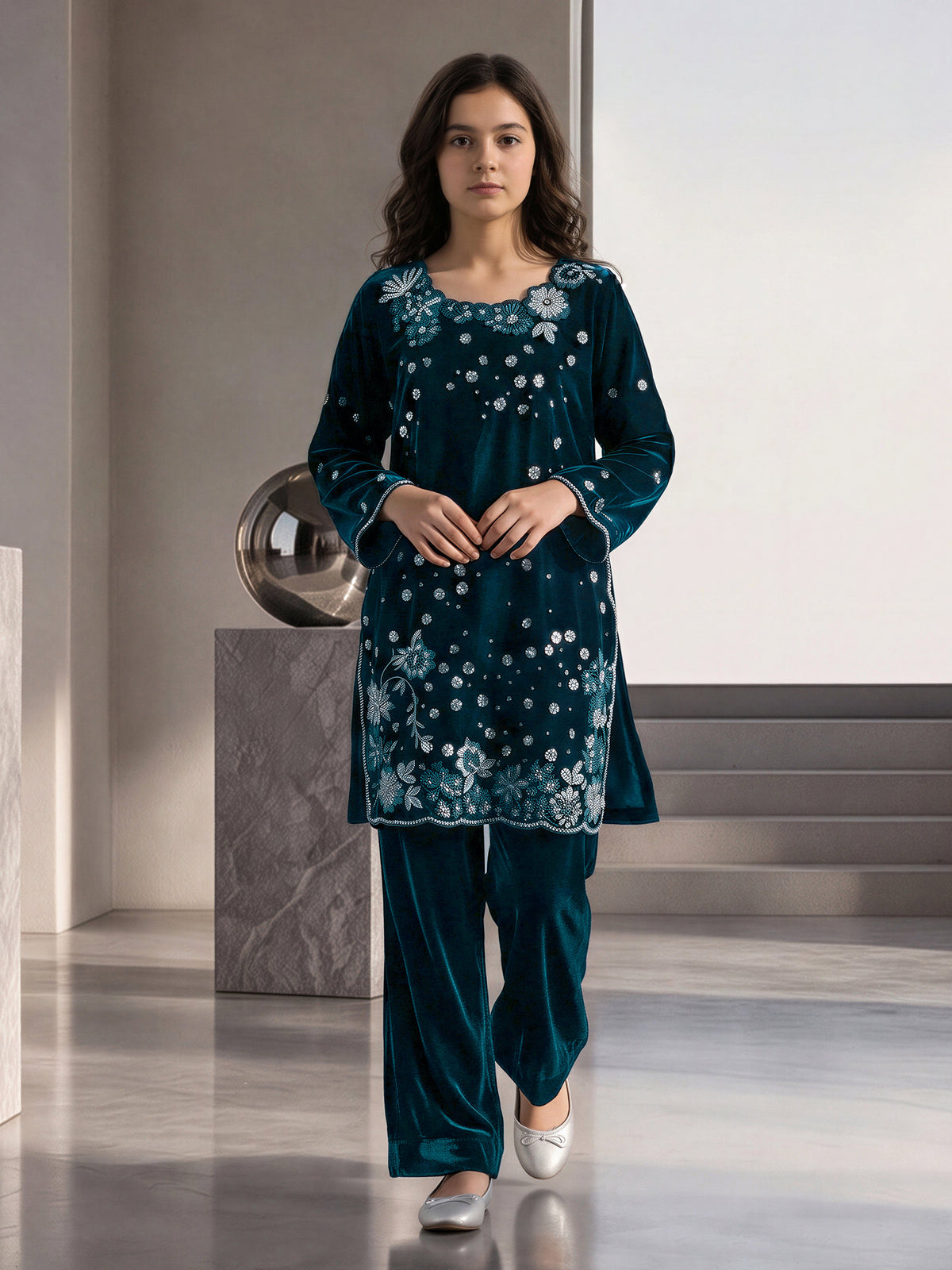 2 Piece Velvet Suit- Embroidered (Pret)